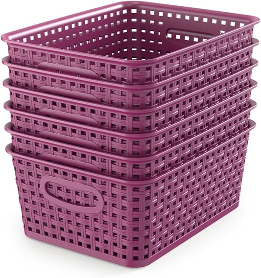 WYT 6-Pack Plastic Small Shelf Storage Weave Baskets Organizing for Cabinets and Pantries, Deep Purple