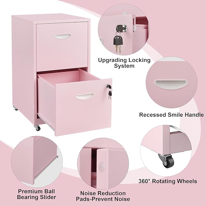 2 Drawer Mobile File Cabinet with Lock, Metal Filing Cabinets with Wheels, Pink Rolling Storage Cabinet, Under Desk Vertical File Cabinet for Home Office, Lockable Steel Two Drawer for Letter Size