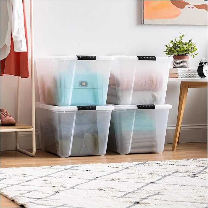 IRIS USA 51 L (54 QT) Plastic Storage Box with Lid and Latches - 4 Pack - BPA-Free, See-Through Organizing Solution, Durable Nestable Stackable Containers, Secure Pull Handle - Clear
