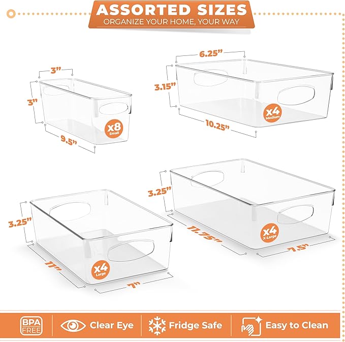 Sorbus Clear Plastic Storage Bins for Organizing, 20 Pack Clear Organizer Bins with Handles, Plastic Storage Bins for Closet, Pantry, Fridge, Medicine Cabinet Organizer, Shelves, Freezer, Drawer