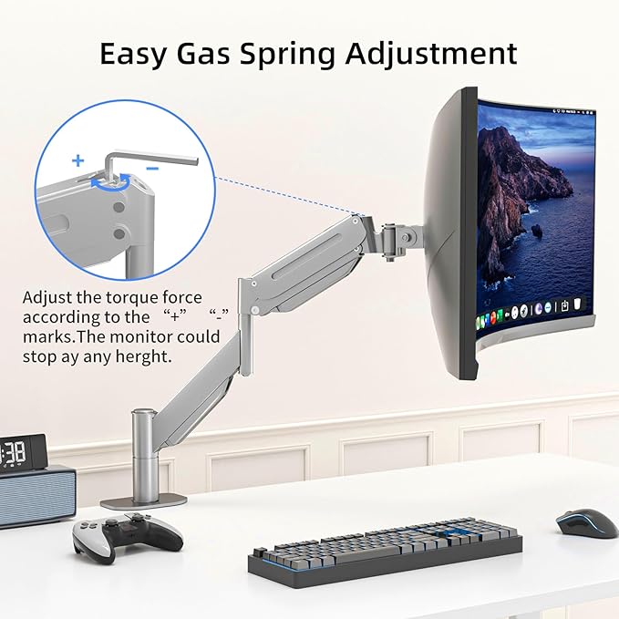 Suptek Ultrawide Monitor Arm Mount for 17 to 49 Inch Heavy Duty Curved Screen,Holds 46.2 lbs,Adjustable Gas Spring Monitor Arm Desk Mount Stand,75/100 Vesa Mount,Silver(MD71LS)