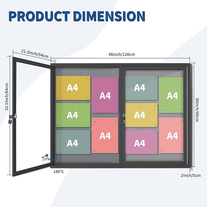 Weatherproof Enclosed Bulletin Board 44x32 Inch, Lockable Wall-Mounted Outdoor Grey Felt Noticeboard, Aluminum Frame Weather-Resistant Display Case for Office, School, Community