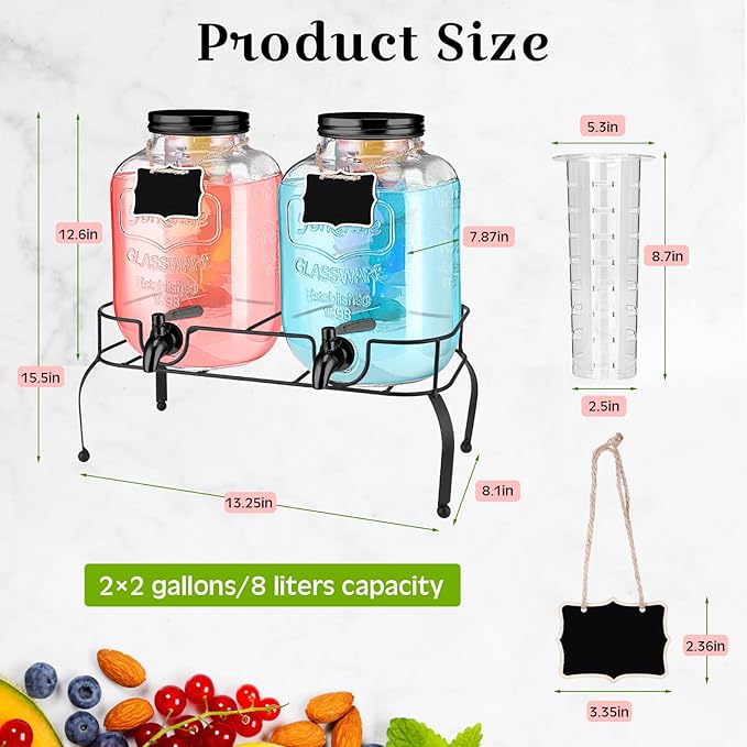Lallisa 2 Pcs 2 Gallon Glass Drink Dispenser with Stand Ice Cylinder Hanging Chalkboard Signs 18/8 Stainless Steel Spigot Beverage Dispensers for Parties Mason Jar Drink Lemonade (Black Spigot)
