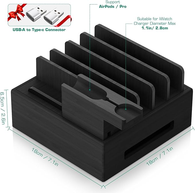 Bamboo Charging Station for Multiple Devices - Darfoo Family Charging Station with 7 USB Ports and 1 Stand for Watch-Earbud, 7 Short Charging Cables, Black