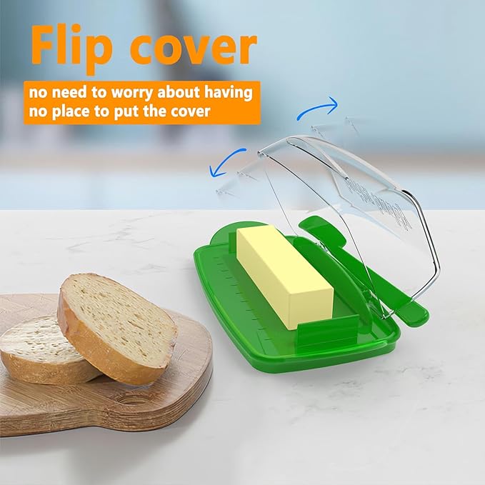 Butter Dishes with Lid for Countertop Refrigerator, Clear Butter Dish Plastic Flip Top Lid Butter Container with Spreader, Non-Slip Bottom Butter Holder Keeper (Transparent Cover Green)