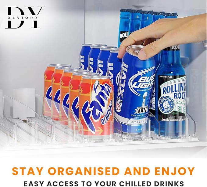 Soda Can Organizer with Automatic Can Pusher | Refrigerator Drink Organizer | Beverage Dispenser for Soda, Cans and Bottles | Space-Saving | Stainless Steel | Adjustable Sizes (5 Rows)