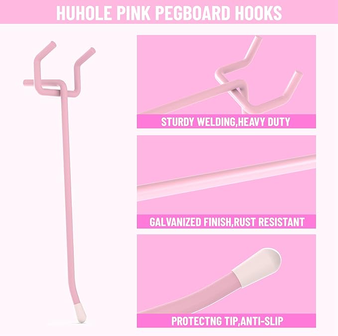 HUHOLE Pegboard Hooks 2 Inch 50PC, Pink Peg Board Hooks, Fit 1/4" or 1/8" Pegboard, Ideal Peg Board Organizer Accessories for Wall Display, Crafts Organization, Kitchen Organizer (Pink, 2 Inch)