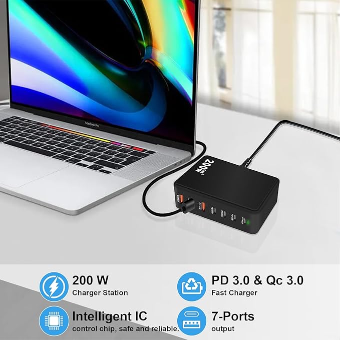 USB C Charger Charging Station 200W 7-Port GaN Fast Charging Block PD 3.0 TypeC and USB A Wall Charger Laptop Power Adapter for All iPhone16/15/14 iPad Samsung Android Pixel Series (Black)