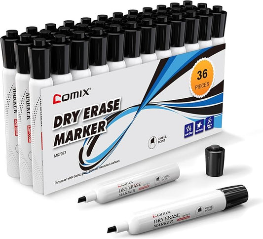 Comix Low Odor Dry Erase Markers, 36 Bulk Black Color Whiteboard Markers, Chisel Tip Thick Markers for Kids Teachers