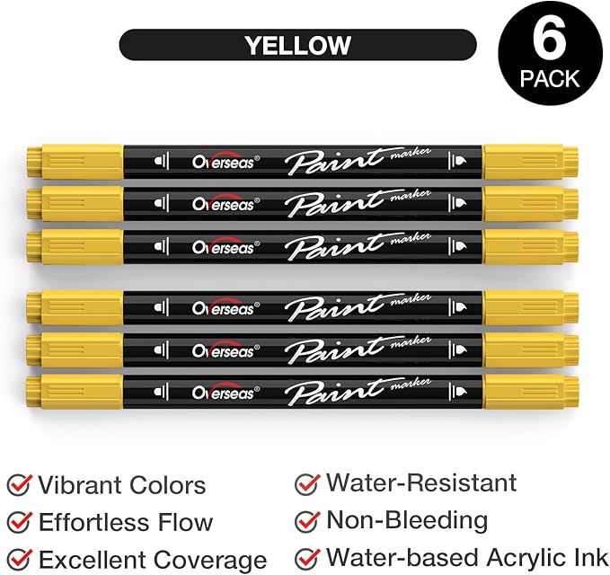 Overseas Yellow Acrylic Paint Markers, 6 Pack Dual Tip Paint Pens Acrylic Markers - Dot and Brush Tip Coloring Marker for Wood, Rock, Canvas, Glass, Metal, Plastic, Rubber, Fabric, School Supplies