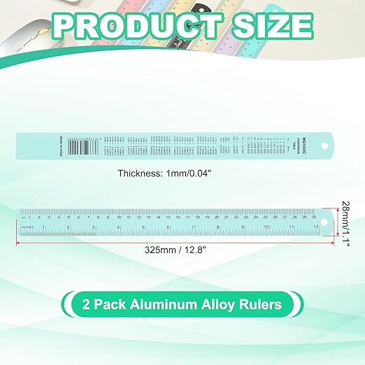 PATIKIL 30cm/12 Metal Ruler, 2 Pack Aluminum Alloy Rulers with Centimeters, Millimeters, Inches and Conversion Table Straight Edge Ruler for Writing Machinist Drafting, Blue Green