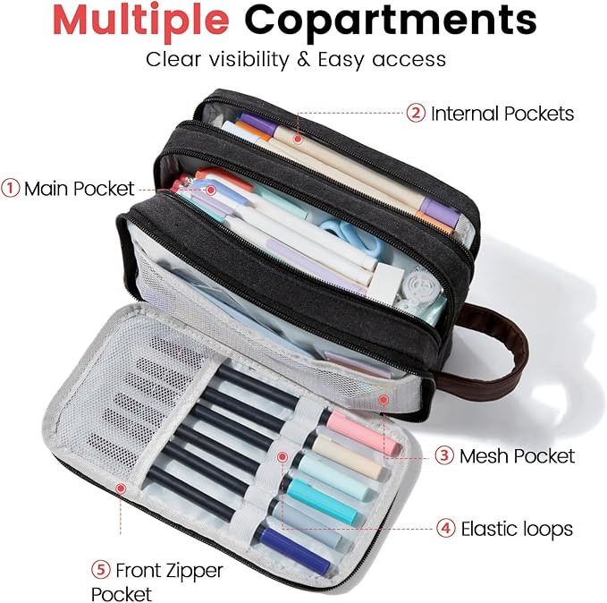 Sooez Large Pencil Case Pouch, Extra Big Pencil Pouch Pencil Bag with PU Handle & Zipper, Sturdy Pen Case with 3 Compartments, Aesthetic School College Supplies Organizer for Men Women Boys, Pink