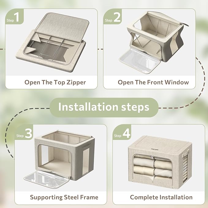 FHSQX 3 Pack Clothes Storage Bins Foldable Metal Frame Storage Box Stackable Linen Fabric Organizer Set with Carrying Handles and Clear Window (Beige, 15.7x11.8x7.8inch(22L))