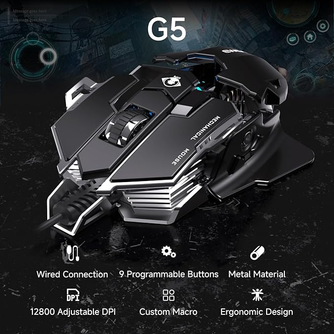 EWEADN G5 Wired Gaming Mouse, Ergonomic RGB Computer Mouse, 12800 Adjustable DPI, 9 Programmable Macro Buttons with Rapid Fire Key Compatible for PC/Laptop/Windows-Black&White