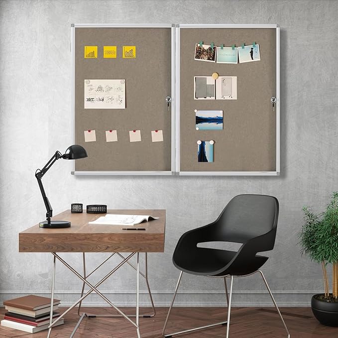 Enclosed Felt Bulletin Board 36x24 inch Lockable Cork Noticeboard Display Cases Tamperproof Notice Poster Memo Board with Aluminum Frame for Office, Classroom, Home with 2 Keys (Felt Board)
