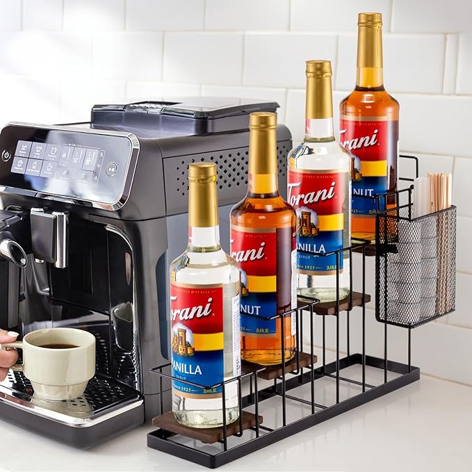 Coffee Syrup Rack Organizer, with Rustic Wood Holder Coffee Station Bar Accessory for Syrup, Wine, Dressing Bottle Countertop Display Storage Stand for Kitchen with Basket and Hooks Holds 4 Bottles