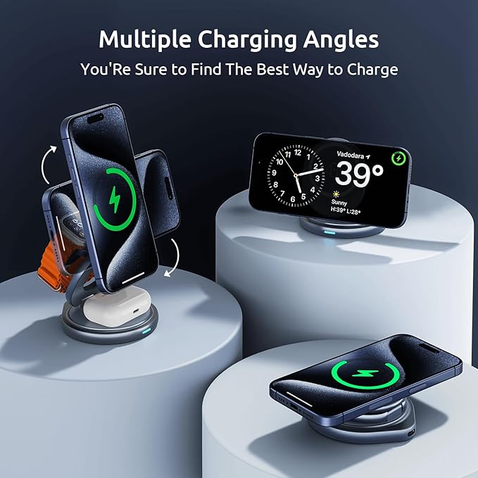 3 in 1 Wireless Charging Station for Apple Travel Charger for Multiple Devices Aluminum Alloy Foldable Magnetic Magsafe Charger 360 Rotating for iPhone 17/16/15/14/13/12 Series,for iWatch,for Airpods