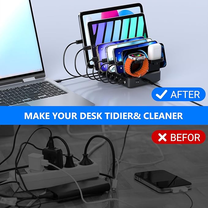 Charging Station for Multiple Devices,68W 6 Ports USB Charger Station with 20W PD USB-C Fast Charging,8 Cables Compatible with Cellphone,Tablet, Kindle, Apple Watch and More