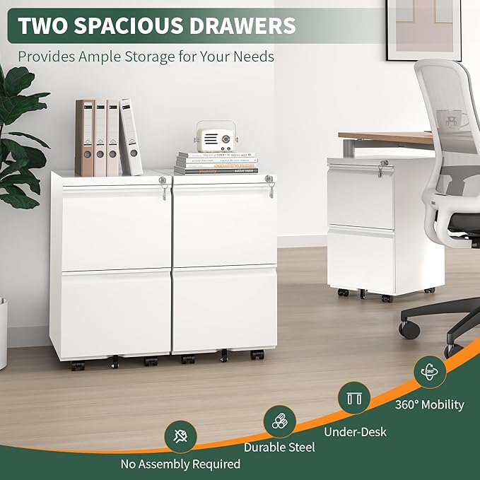 2 Drawer File Cabinet with Lock,Under Desk Rolling Small Filing Cabinet for Home Office Storage, Mobile Steel Cabinets with Wheels, Fully Assembled, White