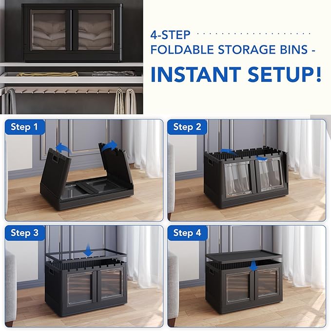 FLEXIMOUNTS 304 QT Stackable Storage Bins With Lids, Collapsible Plastic Storage Bins, Closet Organizers and Storage Containers with Doors and Built-in Wheels For Home, 4 Pack Cubes, Black