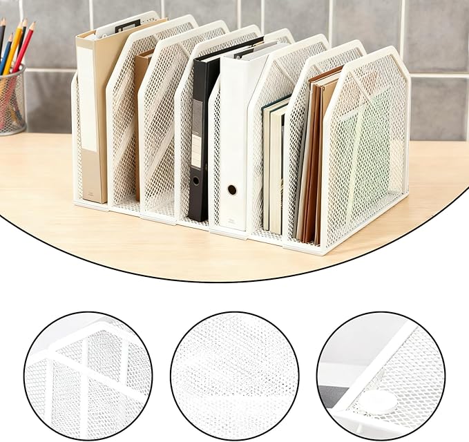 7-Grid Detachable Vertical File Organizer, Metal Mesh File Holder for Desk, Desktop Document Sorter for Home Office School, White Office Supplies for Paper Magazine Organization