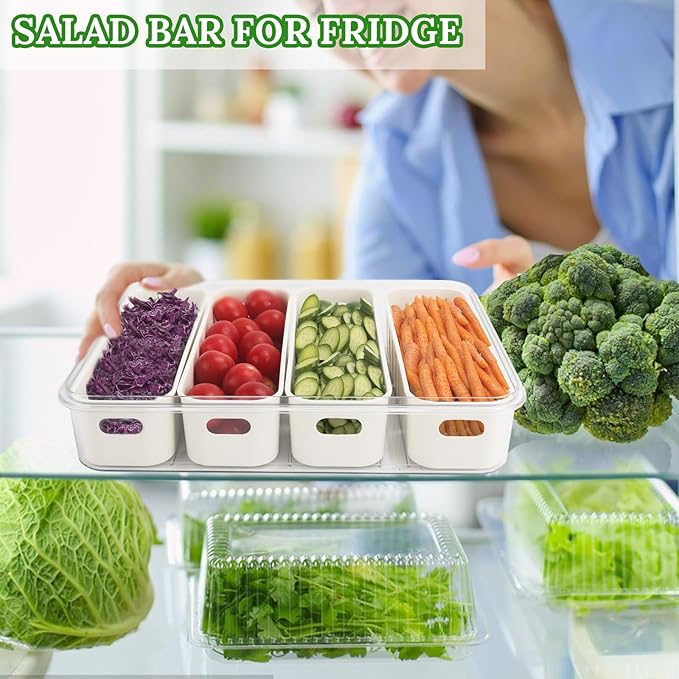 Salad Bar Containers for Fridge with Lid and Handle, Fruit Storage Containers with 4 Removable Colanders, Berry Box Fresh Produce Saver for Fruit, Veggie, Refrigerator, Kitchen, Picnic, 2 Pack
