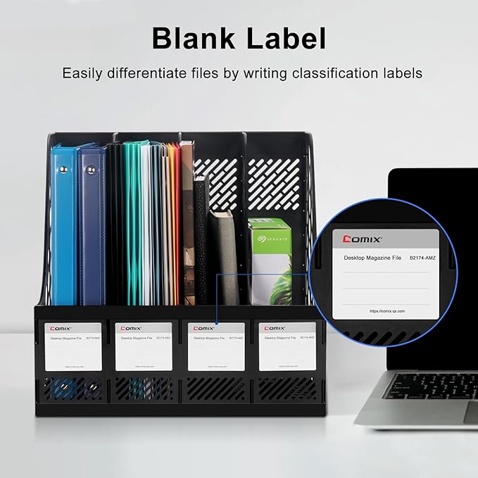 Comix Magazine File Holder Rack/Vertical Desktop File Organizer - Plastic Desk Organizer for Files, Folders, Books - 4 Compartment Binder Organizer - Black