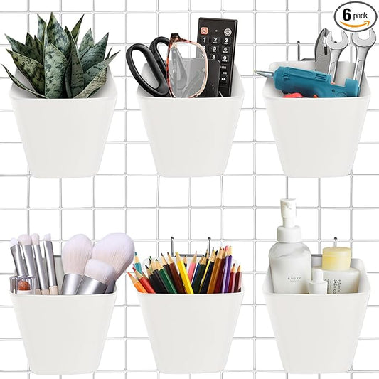 G.CORE Large Grid Wall Bins - 6Pack White Gridwall Accessories Hanging Cups with Back Hooks - Plastic Grid Wall Panels Organizers Wire Shelves Holders for Garage Garden Craft Office Tools Storage