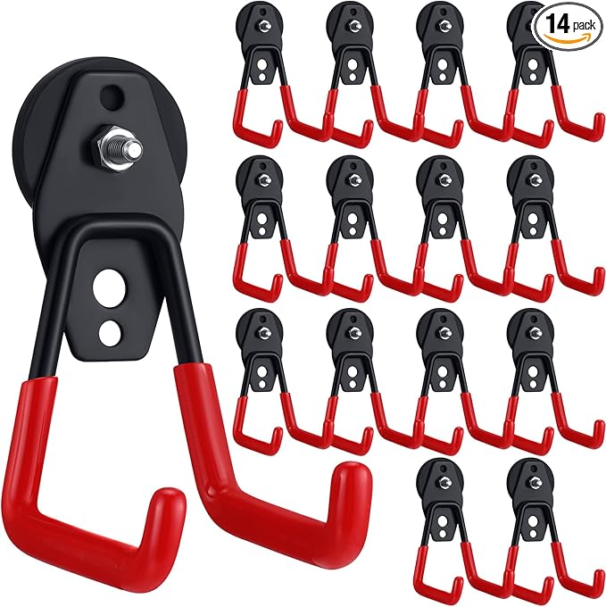 Landhoow Large Magnetic Hooks Heavy Duty Garage Magnet Hooks Strong Storage Utility Magnetic Hangers with Anti Slip Rubber Coating for Indoor and Outdoor Hanging(Red,14 Pcs)
