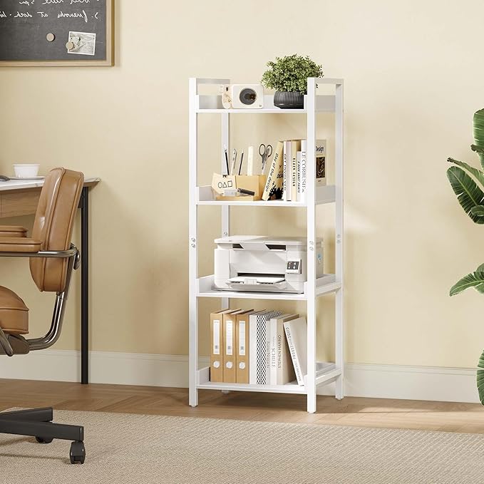 Rolanstar Bookshelf, 4-Tier Storage Rack, Narrow Corner Bookshelf, Display Wooden Shelves for Living Room, Bathroom, Balcony, Kitchen,White