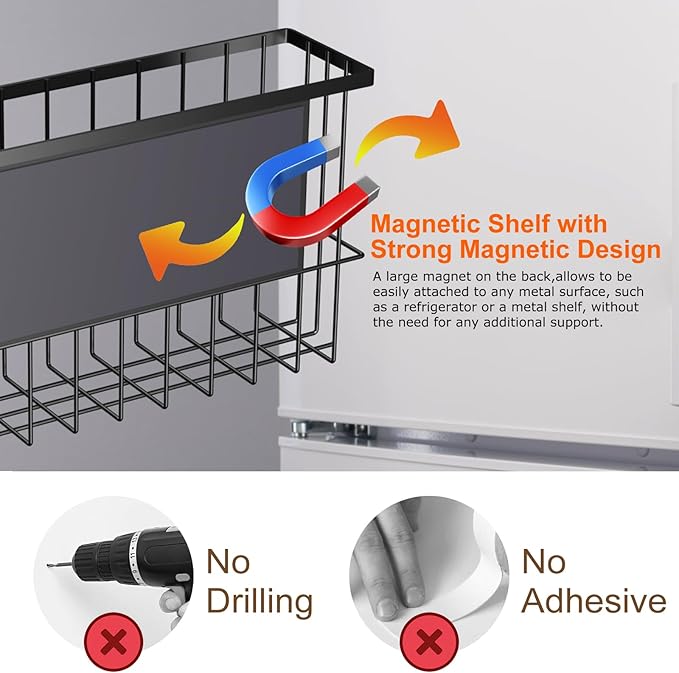 2 Pack Magnetic Wire Storage Baskets, Metal Strong Magnet Hanging Wire Storage Basket Organizer Holder, Magnetic Storage Bin Box Containers for Refrigerator/Whiteboard Classroom/Fridge /Locker