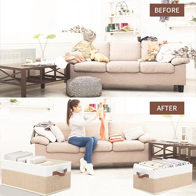 6 Pack Fabric Storage Bins, Large Storage Baskets for Shelves, Foldable Closet Organizer Storage Boxes with Leather Handles for Clothes, Sheets, Jeans, Toys, Books (Beige and White)