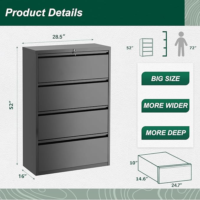 Bonusall 4 Drawer Lateral File Cabinet with Lock, Locking Metal lateral Filing Cabinet for Office Steel lateral File Cabinet, Large Horizontal File Cabinet Locked by Keys-Black