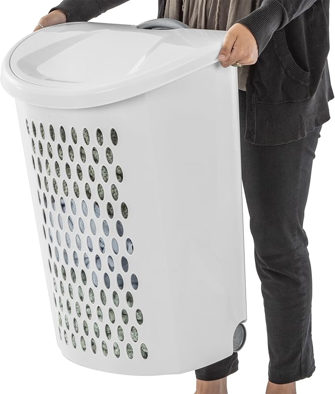 (1-Pack) Wheeled Laundry Basket - 135 Liters Large Capacity - White Plastic with a Cover and Extendable Handle, Suitable for Homes, Dormitories,Laundry Rooms and Apartments.