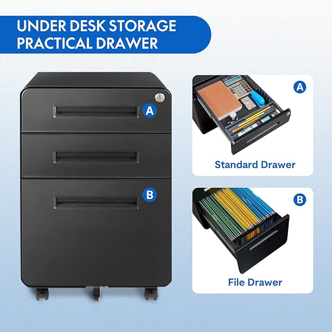 FLEXISPOT Metal File Cabinet for Home Office Mobile File Cabinet with Lock 3 Drawer Filing Cabinets for Legal/Letter/A4 File, Round Corner Design,Black