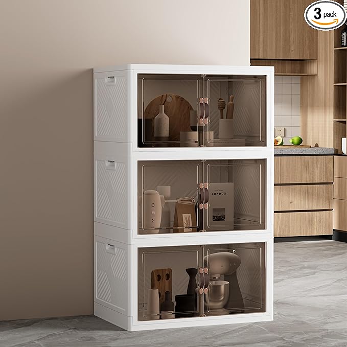 JOYMOOP Folding Storage Bins Organizer, 252 Quart Collapsible Storage Boxes with Wheels and Door, Stackble Plastic Storage Container for Clothing, Books and Sundries (XXL, 21 Gal Per, 3 Tiers)