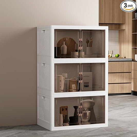 JOYMOOP Folding Storage Bins Organizer, 252 Quart Collapsible Storage Boxes with Wheels and Door, Stackble Plastic Storage Container for Clothing, Books and Sundries (XXL, 21 Gal Per, 3 Tiers)