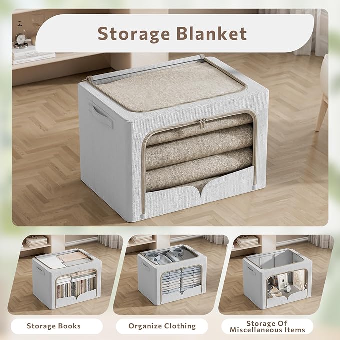 FHSQX 3 Pack Clothes Storage Bins - Foldable Metal Frame Storage Box - Stackable Linen Fabric Container Organizer Set with Carrying Handles and Clear Window (Light Gray, 15.7x11.8x7.8inch(22L))