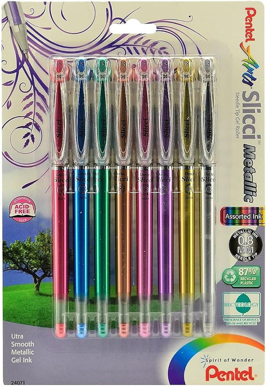 Pentel Arts Slicci Metallic 0.8 mm Needle Tip Gel Pen, Assorted Colors, 8 Pack (BG208BP8M)