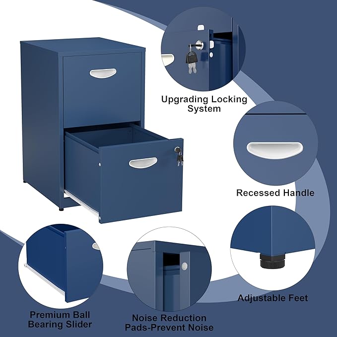 2 Drawer File Cabinet, Metal Two Drawer Vertical File Cabinets with Lock, 18" D Storage Filing Cabinet for Home Office, Steel Light Duty Storage for Letter-Size Files, Blue, Assembly Required