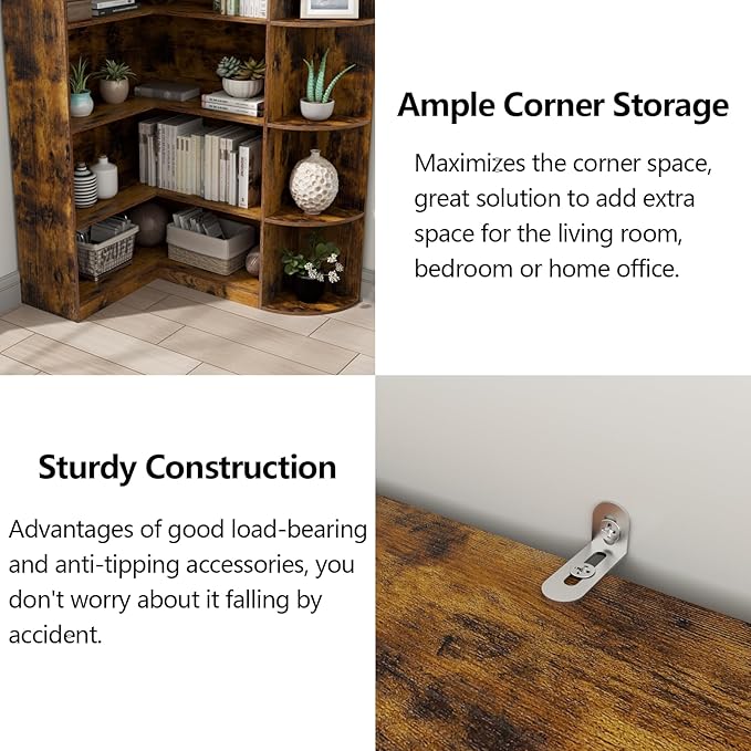 Loomie Bookshelves, 6 Tiers Shelf Large Tall Corner Etagere Bookcase with Full Baffle, L-Shaped Modern Storage Display Industrial Book Shelf for Bedroom, Home Office, Living Room & Kitchen, Rustic