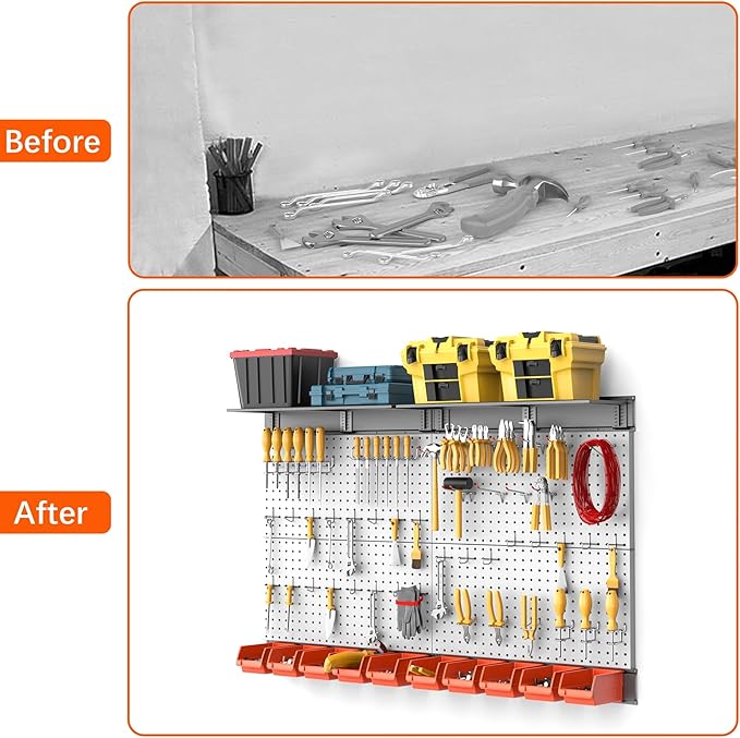 TORACK Metal Pegboard with Peg Board Hooks, Tools Storage Pegboard with Pegboard Hooks, Wall Mounted Storage Bins, Shelves, Tool Organizer Board with Pegs(Grey)
