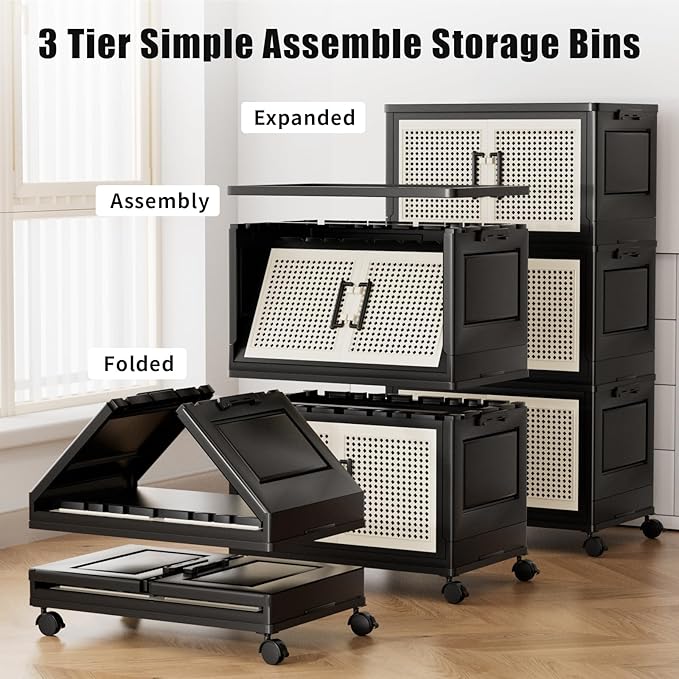 Stackable Storage Bins with Lids,Collapsible Plastic Storage Box Closet Organizers and Storage with Wheels and Magnetic Door for Home Office Dorm (3 Pack)