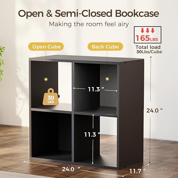 COMHOMA 4 Wood Cube Storage Organizer with Open Back and Removable Back Panels, 11In Black Cube Storage Bookshelf, Cubicle Shelf Bookcase for Home Office Bedroom Living Room, Vertical or Horizontal