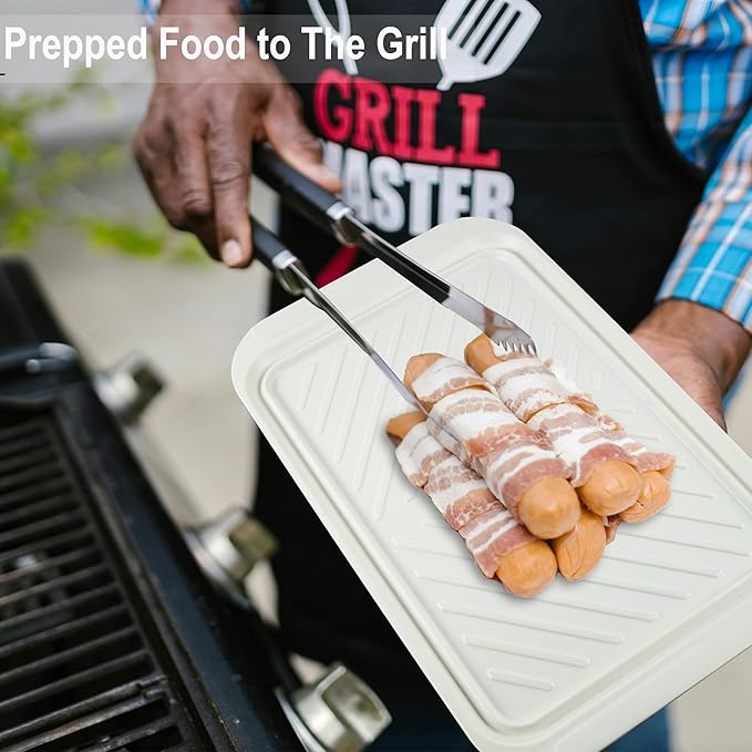 KAQAHIDO Grilling Prep and Serve Trays, BBQ Platter for Raw Meat Marinating and Finished Cooked Food, Melamine Serving Tray, Set of 2, Cleaning Pack Included