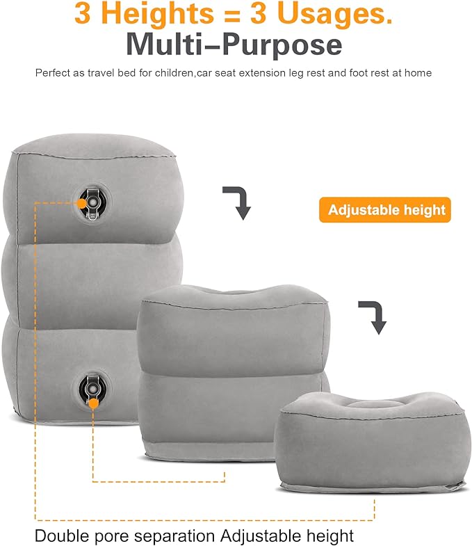 Sunany Inflatable Travel Foot Rest Pillow, Airplane Bed for Kids and Toddler, Adjustable Height Portable Elevating Leg, Trains, Cars, Home, Office (2 Pack)
