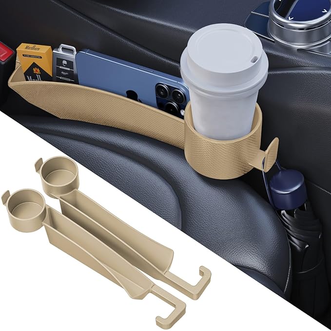 Car Seat Gap Plug with Storage Slot, Auto Gap Filler Organizer with Cup Holder, Universal Carseat Side Gap Filler Strip 2 Pack Between Front Seats & Console, Anti-Drop Pad with Seatbelt Holes, Beige