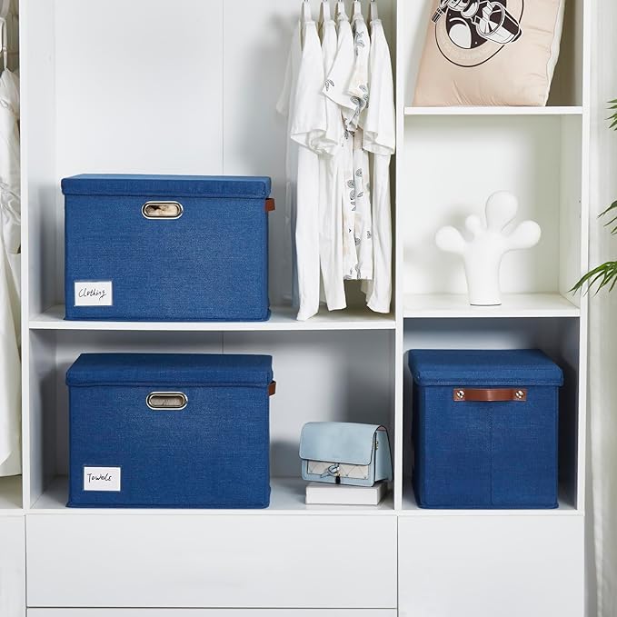 17" Large Collapsible Storage Bins with Lids, Stackable Closet Organizers with PU Handle and Labels, 3-Pack Decorative Fabric Storage Boxes for Home, Bedroom, Closet, Office, Nursery(Navy)