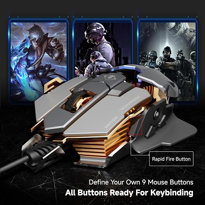 EWEADN G5 Wired Gaming Mouse, Ergonomic RGB Computer Mouse, 12800 Adjustable DPI, 9 Programmable Macro Buttons with Rapid Fire Key Compatible for PC/Laptop/Windows-Grey