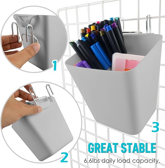 G.CORE Large Grid Wall Bins - 6Pack Gray Gridwall Accessories Hanging Cups with Back Hooks - Plastic Grid Wall Panels Organizers Wire Shelves Holders for Garage Garden Craft Office Tools Storage